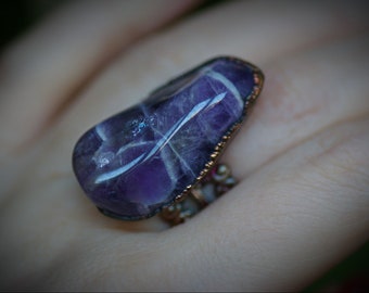 Statement chevron amethyst ring, copper electroform, healing crystal jewelry, violet gemstone, amulet jewelry, february birthday stone
