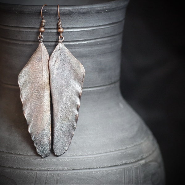 Electroformed crow feathers, pagan earrings, natural raven feathers covered with copper, totem amulet, witch jewelry, metal earrings