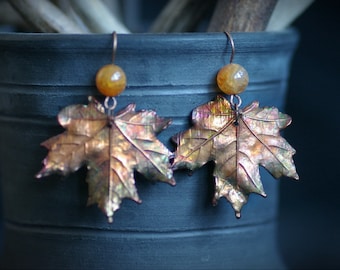 Electroformed Copper Maple Leaf Earrings with Carnelian