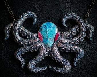 Handcrafted Gothic Octopus Necklace: Copper Patina, Blue Agate