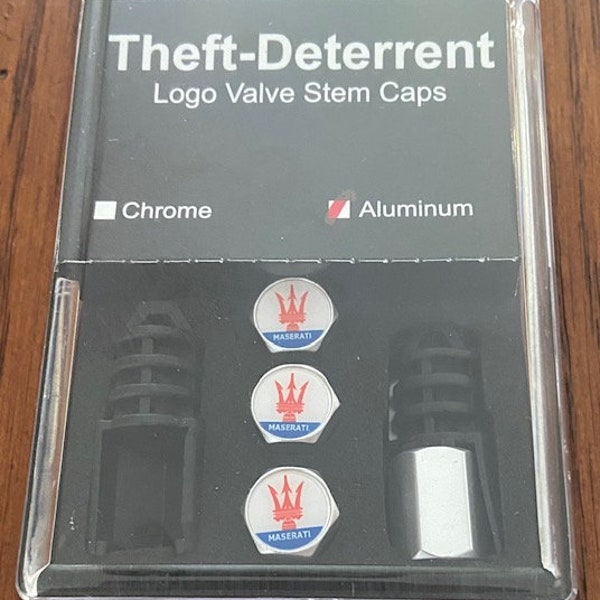 Theft Deterrent Maserati Logo Valve Stem Caps, pack of 4, aluminum.
