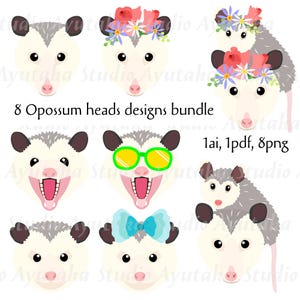 8 lustige Opossum-Köpfe-Bündel, 1ai, 1pdf, 8png, Illustration, digitale Zeichnung, handgefertigt