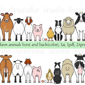 boerderijdieren op een rij, voor- en achterkantbundel, kleur, ai, pdf, png, illustratie, digitale tekening, handgemaakt
