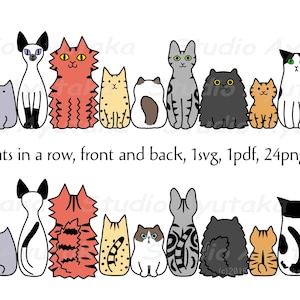 grappige doodle katten op een rij, voor- en achterkantbundel, gekleurd, svg, pdf, png, illustratie, digitale tekening, handgemaakt