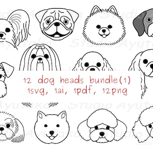 12 dog faces line art bundle(1), svg, ai, pdf, png,handmade, illustration, digital drawing