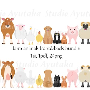animales de granja en fila, anverso y reverso, ai, pdf, png, ilustración, dibujo digital, hecho a mano