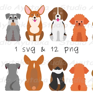 6 honden zitten voor & achter set, SVG, PNG, handgemaakt, illustratie, digitale tekening