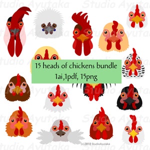 Pacote de 15 cabeças de frango, ai, pdf, png, ilustração, desenho digital, feito à mão