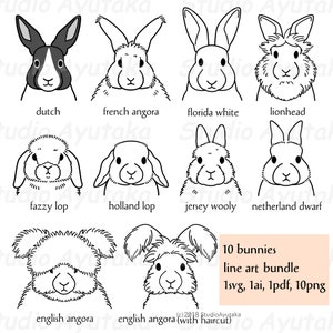 10 bunnies line art bundle, svg, ai, pdf, png, illustration, digital drawing, handmade