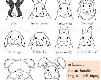 Pacote de arte em linha de 10 coelhos, svg, ai, pdf, png, ilustração, desenho digital, feito à mão