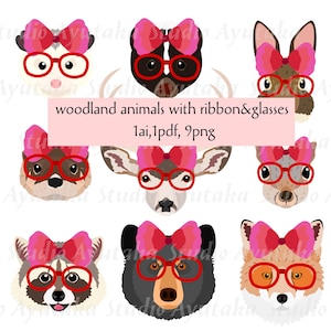 9 animaux des bois avec rubans et lunettes, 1ai, 1pdf, 9png, illustration, dessin numérique, fait main