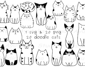20 funny doodle cats bundle, line art, svg, png, illustration, digital drawing, handmade