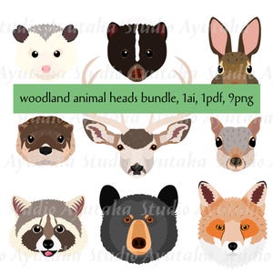 9 Waldtierköpfe Bündel, 1ai, 1pdf, 9png, Illustration, digitale Zeichnung, handgefertigt