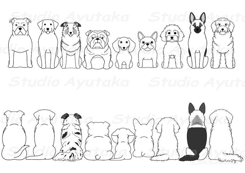 9 dogs sitting front & back lineart bundle, svg, png 画像 2