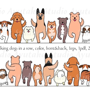 Cartoon honden die van voor en achter lopen, kleur, eps, pdf, png, illustratie, digitale tekening, handgemaakt
