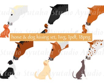 Set mit sich küssenden Nasen von Pferd und Hund, Cliparts
