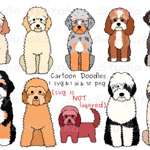 10 doodle breeds cartoon dogs bundle, svg, png, ai