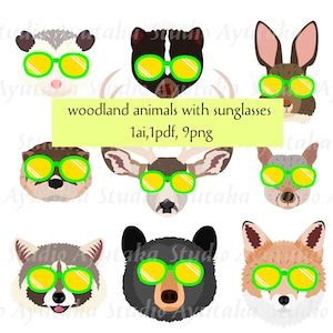 9 Waldtiere mit Sonnenbrille, 1ai, 1pdf, 9png, Illustration, digitale Zeichnung, handgefertigt