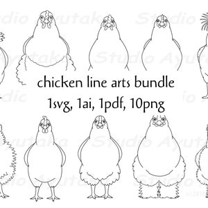 paquete de arte lineal de pollos, svg, pdf, ai, png, ilustración, dibujo digital, hecho a mano