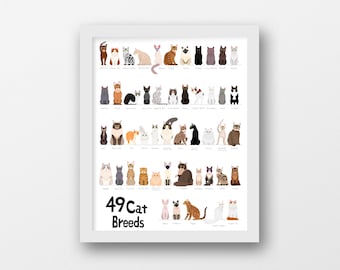 49 Breeds of Cat Digital Chart, svg, jpg, png, 16*20"