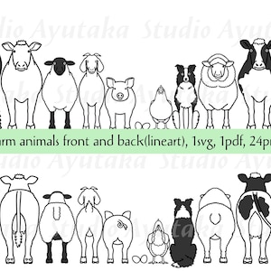 boerderijdieren op een rij, voor- en achterkantbundel, zeer fijne tekeningen, svg, pdf, png, illustratie, digitale tekening, handgemaakt