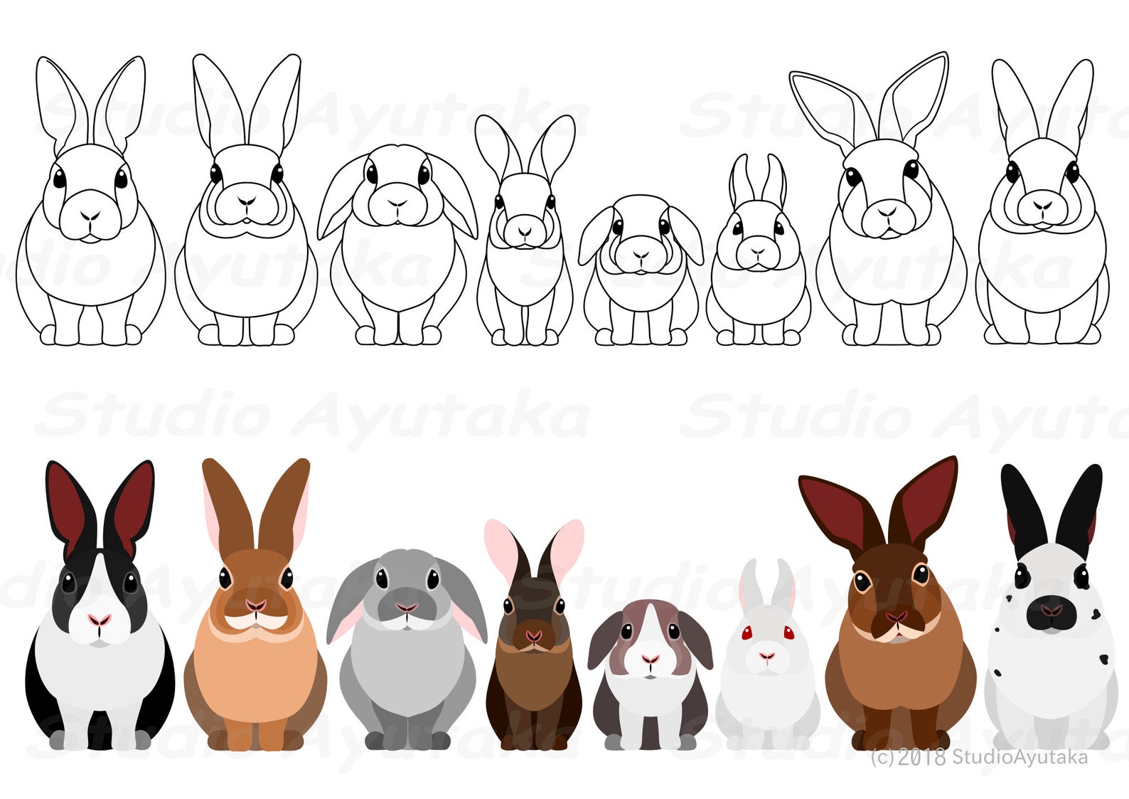 8 Rabbits Lineart&color Bundle, Svg, Png - Etsy
