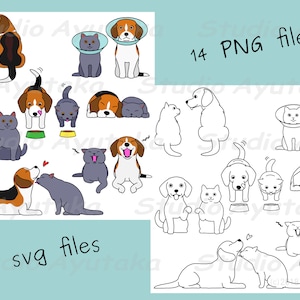 blue cat& beagle dog pair set, color,line art, png,svg, illustration, digital drawing, handmade