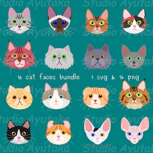 16 cat faces bundle, svg, png, illustration, digital drawing, handmade