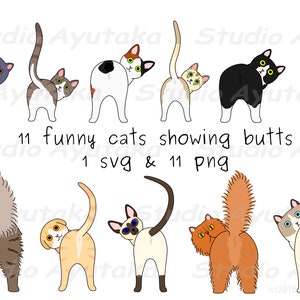 11 gatos divertidos mostrando colillas, svg, png, ilustración, dibujo digital, hecho a mano