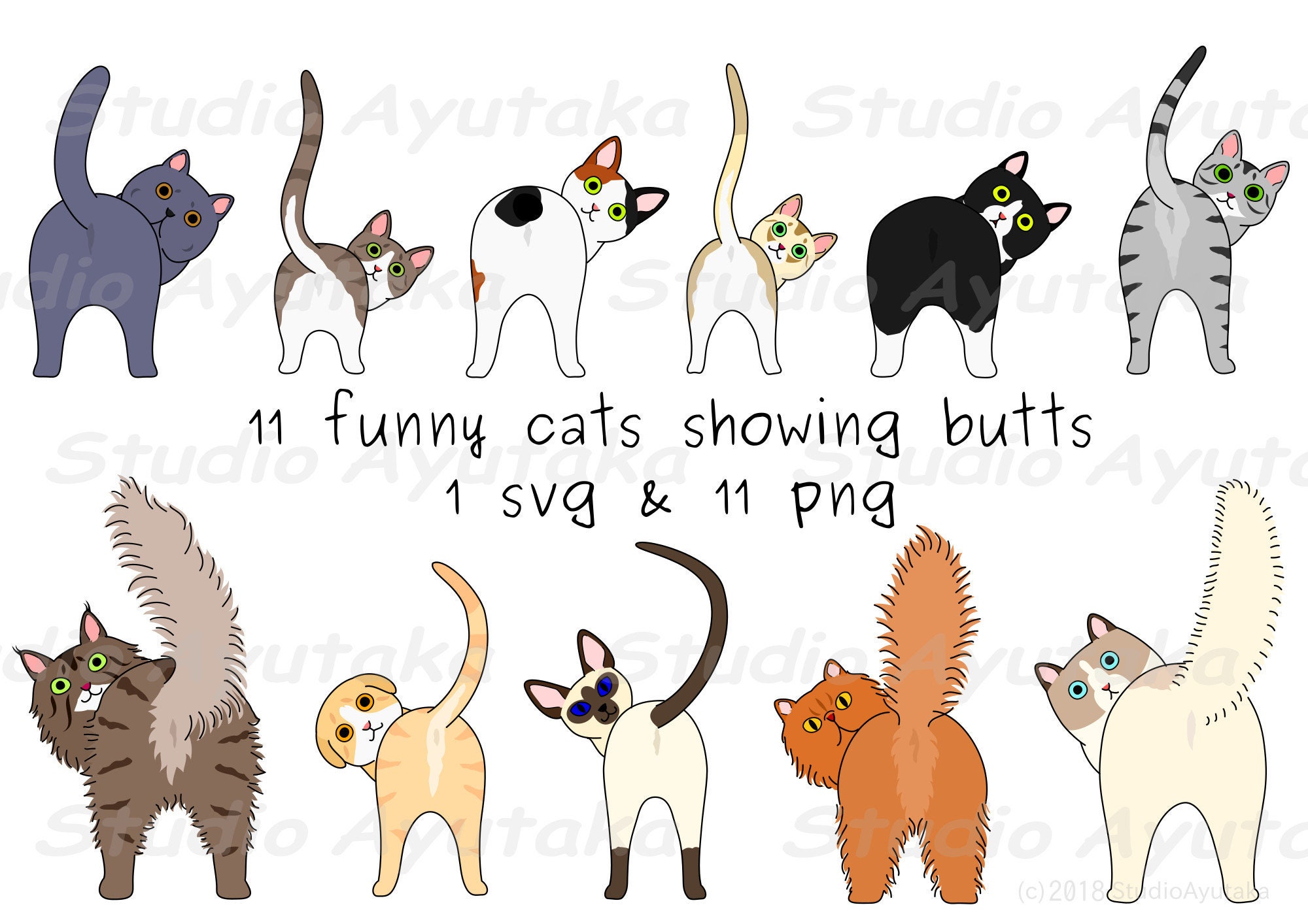 11 Funny Cats Showing Their Butts, Svg, Png 