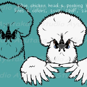 Silkie chicken peeking and head bundle, line art, with and without colors, svg, png, ai, pdf