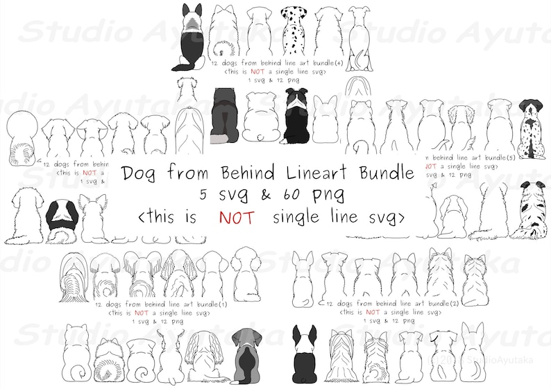 60 dogs from behind lineart big bundle, svg, png 画像 1