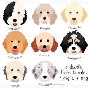 8 doodle breed dog heads bundle, svg, png ,illustration, digital drawing
