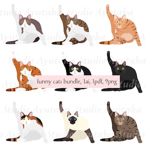 May include: A set of nine digital illustrations of cats in various poses, each with a different color pattern. The cats are all sitting with one paw raised in the air. The illustrations are in a cartoon style and are perfect for use in digital projects.