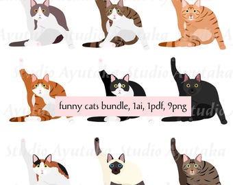 9 lustige Katzen lecken Hintern Bündel, png, ai, pdf, Illustration, digitale Zeichnung, handgefertigt