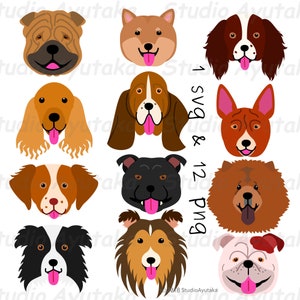 12 medium dog face set, svg, png, handmade, illustration, digital drawing