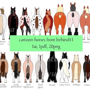 cartoon paarden van achter #1, ai, pdf, png, illustratie, digitale tekening, handgemaakt