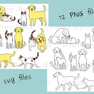 calico cat&labrador dog pair set, color,line art, svg, png, illustration, digital drawing, handmade