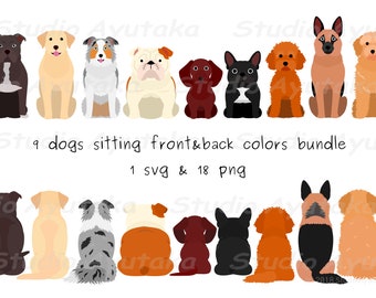 9 Hunde sitzen vorne und hinten im Farbpaket, SVG, PNG, Illustration, digitale Zeichnung, handgefertigt