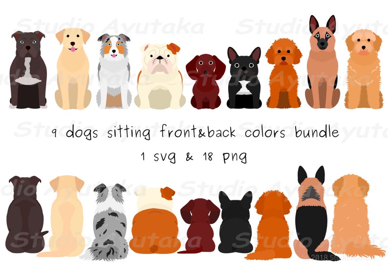 9 dogs sitting front & back color bundle, svg, png 画像 1