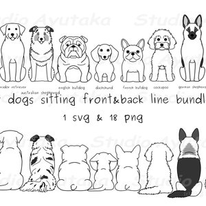 9 dogs sitting front & back lineart bundle, svg, png 画像 1