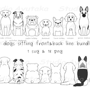 9 dogs sitting front & back lineart bundle, svg, png 画像 1