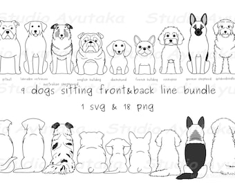 9 Hunde sitzen vorne und hinten, Lineart-Bundle, SVG, PNG, Illustration, digitale Zeichnung, handgefertigt