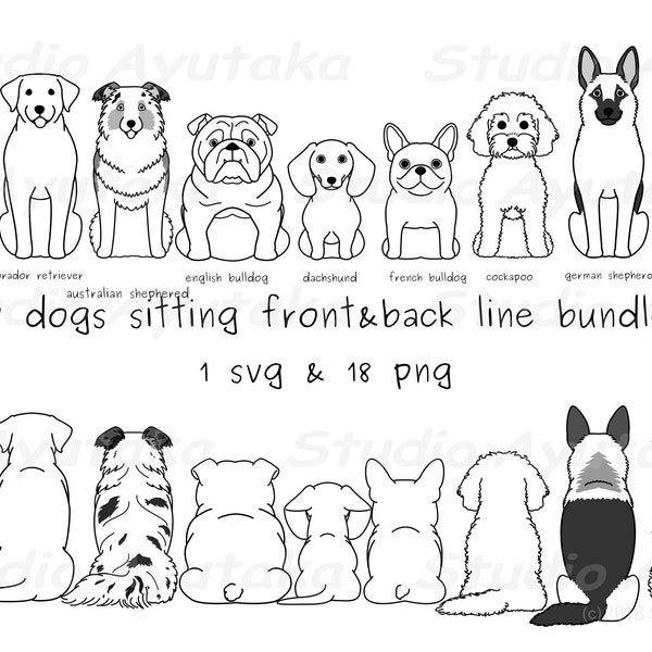 9 dogs sitting front & back lineart bundle, svg, png