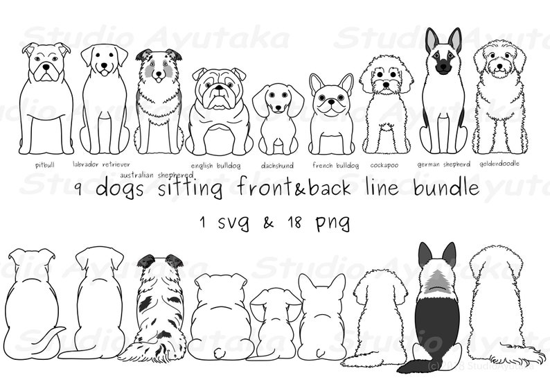 9 dogs sitting front & back lineart bundle, svg, png 画像 1