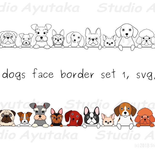 Small dogs face border set 1, line art & color, svg, png