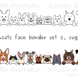 gatti e cani faccia bordo set 2, linea arte e colore, svg, png, illustrazione, disegno digitale, fatto a mano
