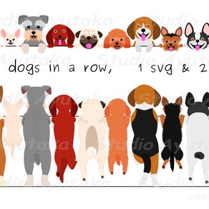 small dogs standing in a row, front and back, png, illustration, digital drawing, handmade