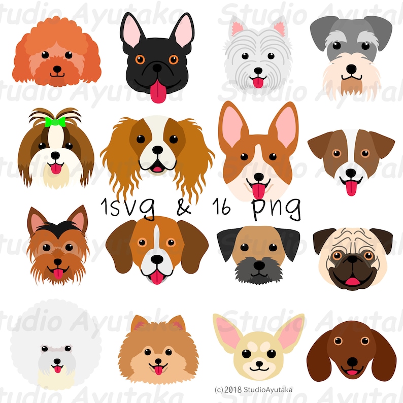 16 small dog face set, svg, png 画像 1
