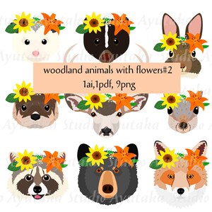 9 animaux des bois avec des fleurs #2, 1ai, 1pdf, 9png, illustration, dessin numérique, fait main